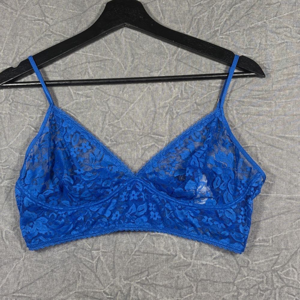 INC Bralette Womens Large Blue Floral Lace V-Neck Adjustable Sheer Lingerie